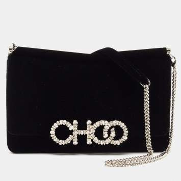 Pre Owned Jimmy Choo Black Velvet Crystals Kalina Chain Bag