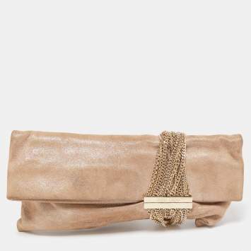 Pre Owned Jimmy Choo Beige Shimmering Suede Chandra Clutch