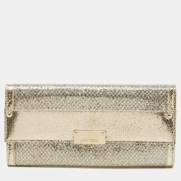 Pre Owned Jimmy Choo Gold Glitter and Leather Reese Continental Clutch