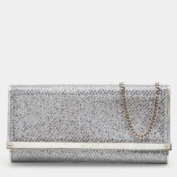 Pre Owned Jimmy Choo Silver Glitter and Leather Milla Chain Clutch