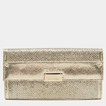 Pre Owned Jimmy Choo Gold Glitter and Leather Reese Continental Clutch