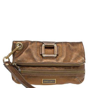 Pre Owned Jimmy Choo Bronze Leather Mave Foldover Clutch