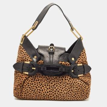 Pre Owned Jimmy Choo Black/Beige Leopard Print Calfhair and Leather Tulita Hobo