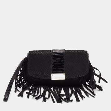 Pre Owned Jimmy Choo Black Snakeskin Embossed and Watersnake Leather Fringe Clutch