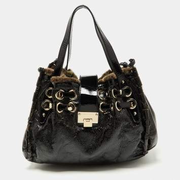 Pre Owned Jimmy Choo Black/Grey Patent Leather and Shearling Ramona Shoulder Bag