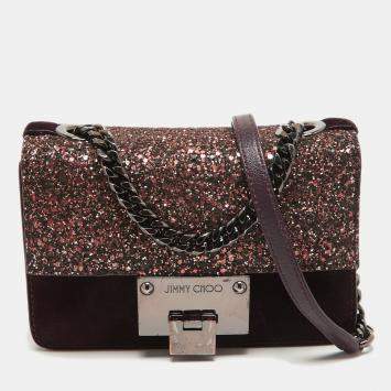 Pre Owned Jimmy Choo Purple/Brown Suede and Glitter Rebel Crossbody Bag