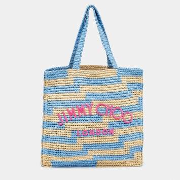 Pre Owned Jimmy Choo Tri Color Woven Raffia Embroidered Logo Avenue Tote