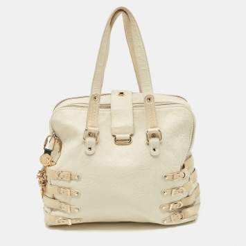 Pre Owned Jimmy Choo Off White/Light Beige Distressed Leather and Snakeskin Trims Bree Satchel