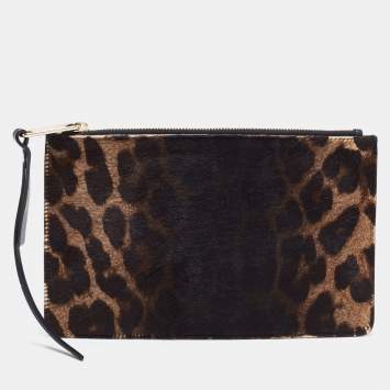 Pre Owned Jimmy Choo Orange/Black Leopard Print Calfhair Zip Slim Clutch