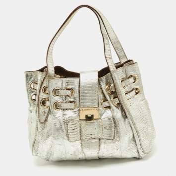 Pre Owned Jimmy Choo Silver Python Leather Riki Tote