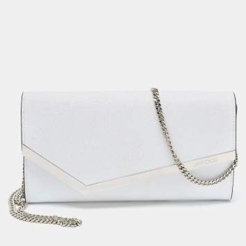 Pre Owned Jimmy Choo White Glitter Emmie Chain Clutch