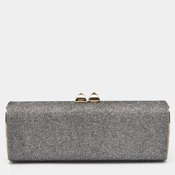 Pre Owned Jimmy Choo Silver Glitter Lurex Fabric Twill Tube Clutch