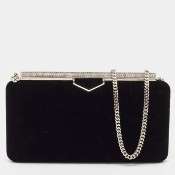 Pre Owned Jimmy Choo Black Velvet Ellipse Crystals Chain Clutch
