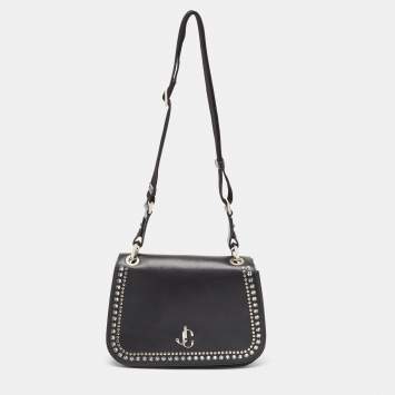 Pre Owned Jimmy Choo Black Leather Varenne Studded Flap Crossbody Bag