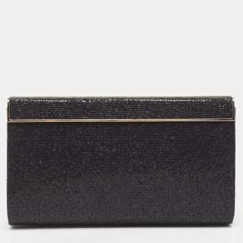 Pre Owned Jimmy Choo Black Fabric and Glitter Frame Clutch