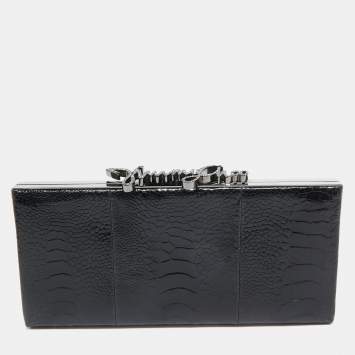 Pre Owned Jimmy Choo Black Ostrich Leg Leather Crystals Logo Frame Clutch