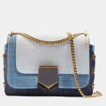 Pre Owned Jimmy Choo Lockett Petite Patchwork Bag Blue Denim