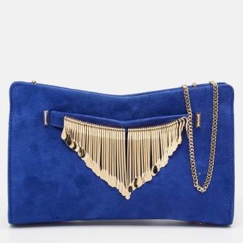Pre Owned Jimmy Choo Blue Alcantara Fringe Bracelet Venus Chain Clutch 