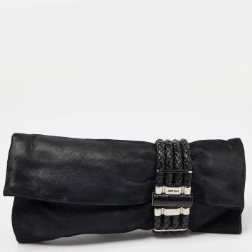 Pre Owned Jimmy Choo Black Iridescent Suede and Snakeskin Chandra Clutch