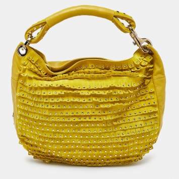 Pre Owned Jimmy Choo Yellow Leather and Suede Fringe Studded Hobo