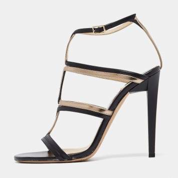 Pre Owned Jimmy Choo Black/Gold Leather Moray Sandals Size 37