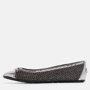 Pre Owned Jimmy Choo Silver Glitter Mesh and Leather Ballet Flats Size 36.5