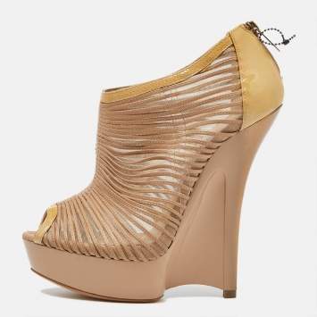 Pre Owned Jimmy Choo Beige Patent Leather and Mesh Wedge Peep Toe Platform Ankle Booties Size 38.5