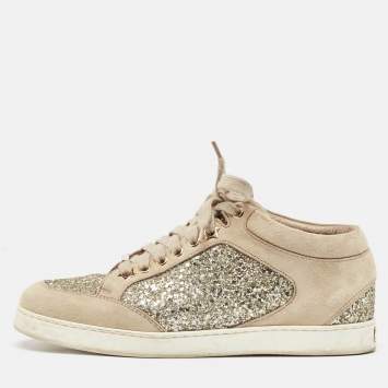 Pre Owned Jimmy Choo Beige Glitter and Suede Miami Sneakers Size 36