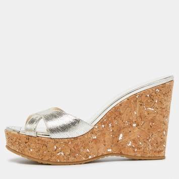 مملوكة مسبقًا Jimmy Choo Gold Textured Leather Prima Wedge Sandals Size 38
