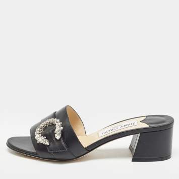 Pre Owned Jimmy Choo Black Leather Crystal Embellished Minea Slide Sandals Size 37