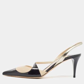 Pre Owned Jimmy Choo Black/Beige Leather and Patent Slingback Pumps Size 41    