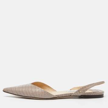 Pre Owned Jimmy Choo Beige Croc Embossed Leather Slingback Flat Sandals Size 41