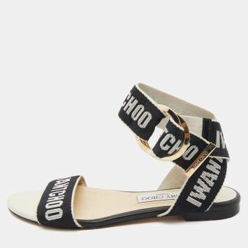 Pre Owned Jimmy Choo Black/Beige  Canvas Breanne Flat Sandals Size 37