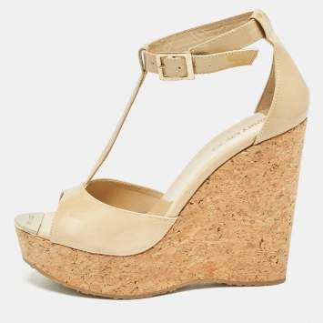Pre Owned Jimmy Choo Beige Patent Leather Pela Cork Wedge Platform Ankle Strap Sandals Size 38