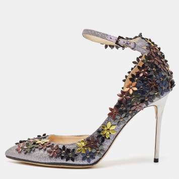 Pre Owned Jimmy Choo Grey Glitter Lorelai Ankle Strap Pumps Size 36