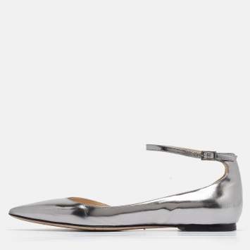 Pre Owned Jimmy Choo Metallic Grey Leather Lucy Ankle Strap Flats Size 37