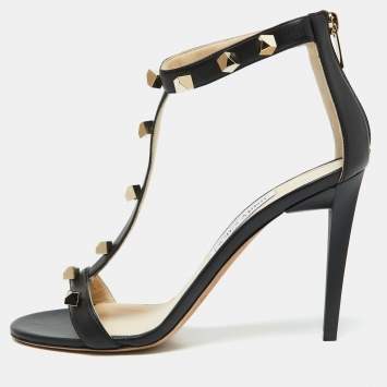 Pre Owned Jimmy Choo Black Leather Lamba Cube Studded T-Strap Sandals Size 40