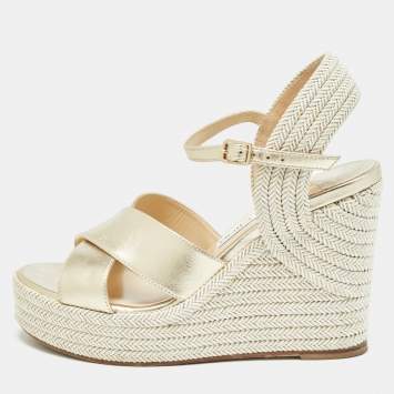 Pre Owned Jimmy Choo Gold Leather and Tweed Crisscross Wedge Sandals Size 36 