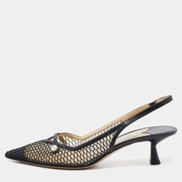 Pre Owned Jimmy Choo Black Mesh and Leather Slingback Pumps Size 39  
