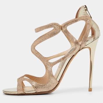 Pre Owned Jimmy Choo Gold Coarse Glitter Ankle Strap Sandals Size 39