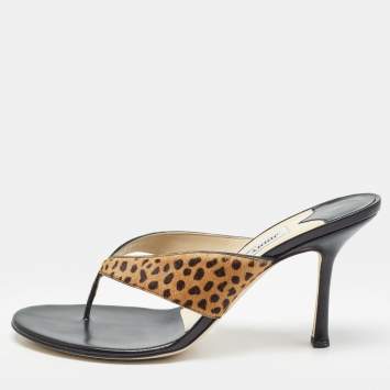Pre Owned Jimmy Choo Black/Brown Calf Hair and Leather Slide Sandals Size 39.5