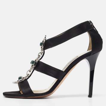 Pre Owned Jimmy Choo Black Satin Jeweled Strappy Sandals Size 39