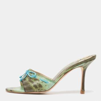Pre Owned Jimmy Choo Vintage Green/Brown Karung Bow Mule Sandals Size 39