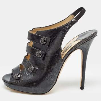 Pre Owned Jimmy Choo Black/Yellow Texture Leather Slingback Sandals Size 39.5