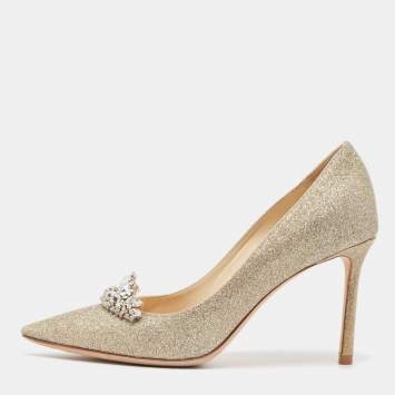 Pre Owned Jimmy Choo Gold Glitter Crystal Embellished Romy Pumps Size 37