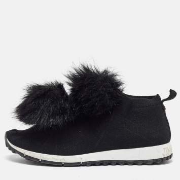 Pre Owned Jimmy Choo Black Knit Fabric and Fur Pom Pom Norway Slip On Sneakers Size 40