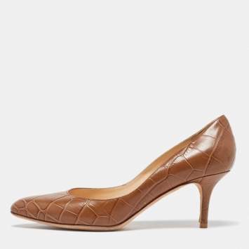 Pre Owned Jimmy Choo Brown Croc Embossed Leather Pumps Size 38.5