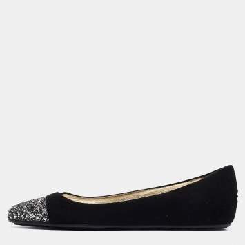 Pre Owned Jimmy Choo Black/Silver Suede and Glitter Ballet Flats Size 38.5