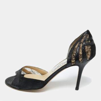 Pre Owned Jimmy Choo Black Lace, Suede and Watersnake Leather Pumps Size 38.5