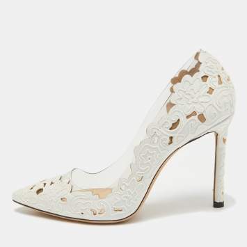 Pre Owned Jimmy Choo White Laser Cut Fabric and PVC Romy Pumps Size 37.5